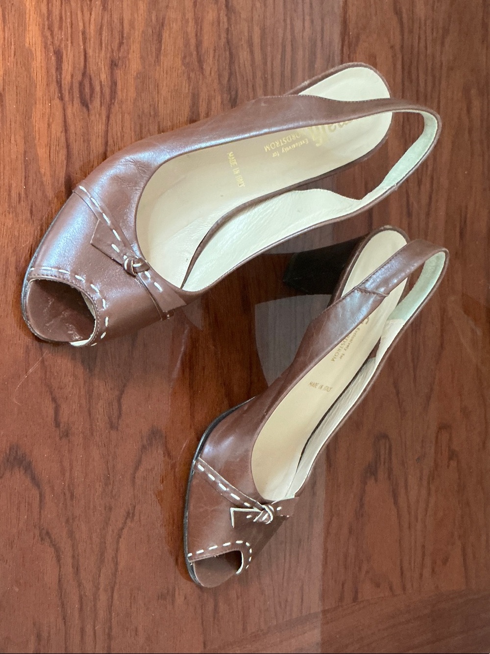 Amalfi Brown Leather Peep-Toe Slingback Heels